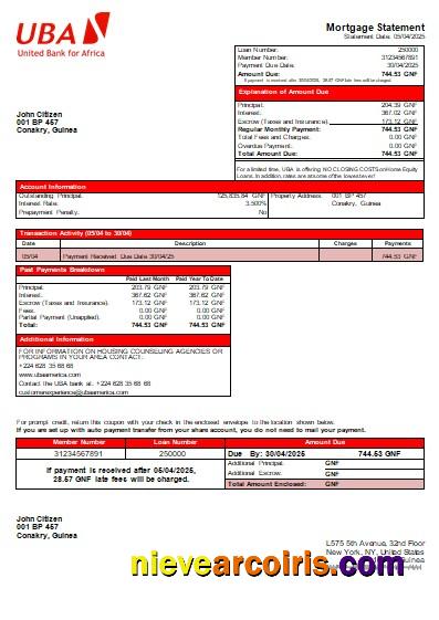Guinea UBA Bank mortgage statement
